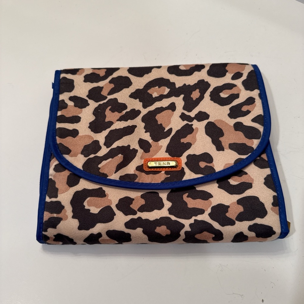 Leopard Print Cosmetic Bag with Blue Trim